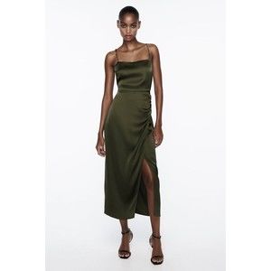 ZARA Dress Women Small Green BEADED SLIP Straight neck midi Side slit NWOT